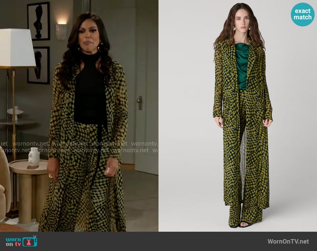 Diane von Furstenberg Vesper Duster Long Jacket in Mini Floating Plaid Ecru worn by Dani Dupree (Karla Mosley) on Beyond the Gates Diane von Furstenberg Vesper Duster Long Jacket in Mini Floating Plaid Ecru worn by Dani Dupree (Karla Mosley) on Beyond the Gates