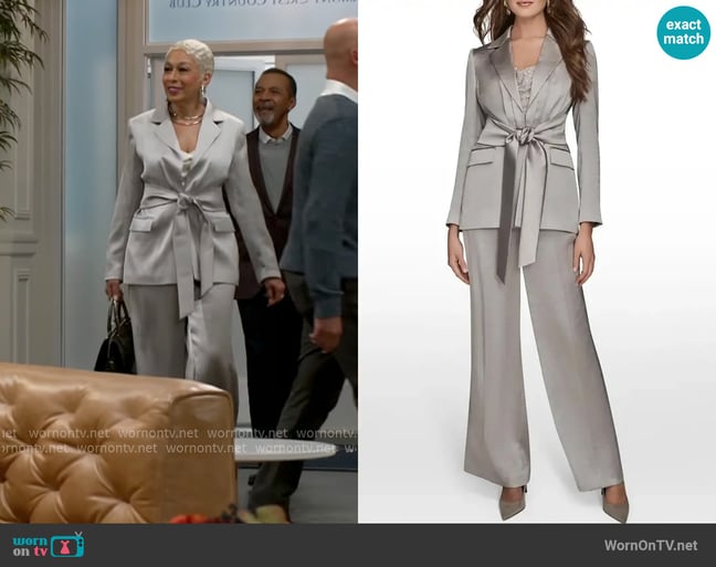 Donna Karan Metallic Tie Front Blazer and Clean Front Wide Leg Satin Pants worn by Anita Dupree (Tamara Tunie) on Beyond the Gates Donna Karan Metallic Tie Front Blazer and Clean Front Wide Leg Satin Pants worn by Anita Dupree (Tamara Tunie) on Beyond the Gates