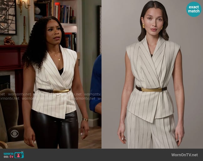 Donna Karan Pinstripe Vest worn by Naomi Hamilton Hawthorne (Arielle Prepetit) on Beyond the Gates Donna Karan Pinstripe Vest worn by Naomi Hamilton Hawthorne (Arielle Prepetit) on Beyond the Gates
