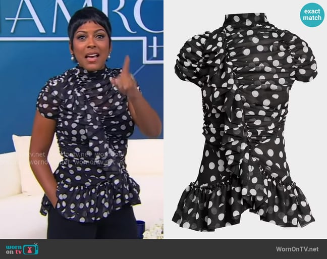 Dries Van Noten Chuchu Polka-Dot Sheer Ruffle Blouse worn by Tamron Hall on Tamron Hall Show Dries Van Noten Chuchu Polka-Dot Sheer Ruffle Blouse worn by Tamron Hall on Tamron Hall Show