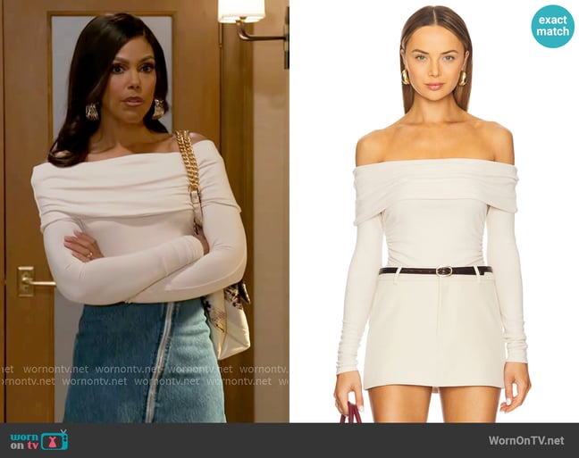 Elodie the Label Kate Off Shoulder Knit Top worn by Dani Dupree (Karla Mosley) on Beyond the Gates Elodie the Label Kate Off Shoulder Knit Top worn by Dani Dupree (Karla Mosley) on Beyond the Gates
