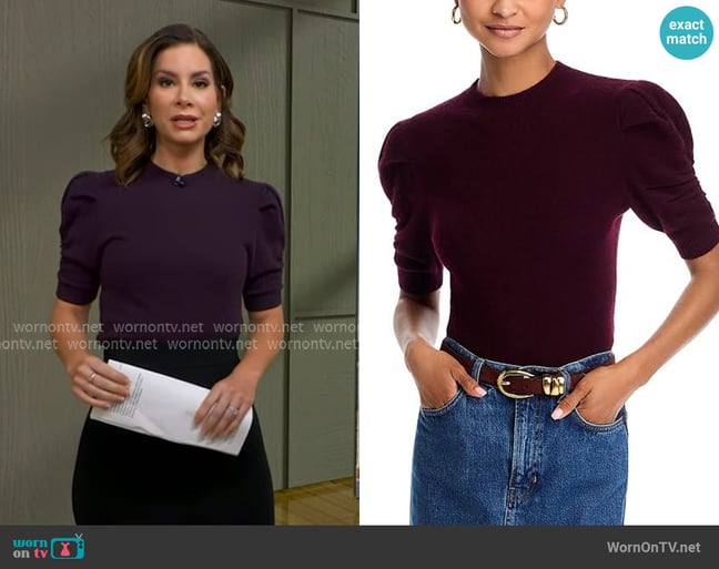 Frame Ruched Puff Sleeve Sweater in Wine worn by Rebecca Jarvis on Good Morning America Frame Ruched Puff Sleeve Sweater in Wine worn by Rebecca Jarvis on Good Morning America