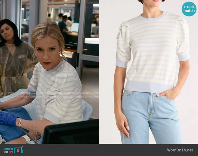 Frame The Frankie Crewneck Wool Blend Sweater in Chambray Blue Multi worn by Hannah Asher (Jessy Schram) on Chicago Med Frame The Frankie Crewneck Wool Blend Sweater in Chambray Blue Multi worn by Hannah Asher (Jessy Schram) on Chicago Med