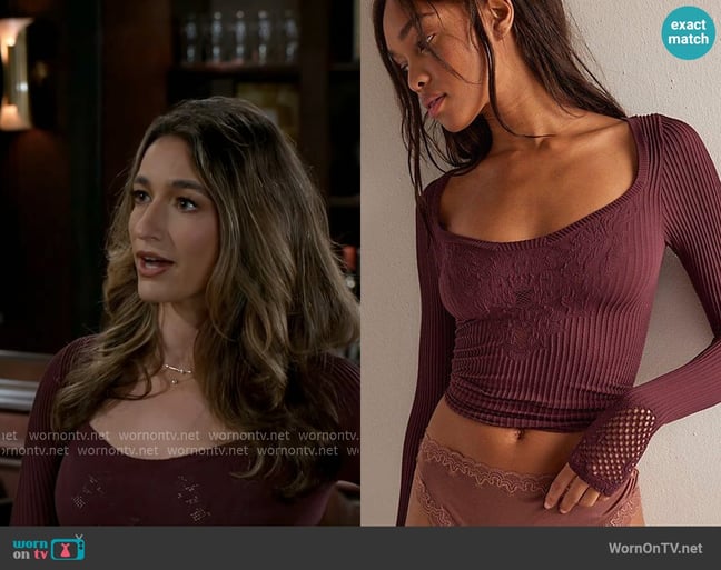 Free People Dynamic Duo Long Sleeve Top in Grape worn by Ashley Morgan (Jen Jacob) on Beyond the Gates Free People Dynamic Duo Long Sleeve Top in Grape worn by Ashley Morgan (Jen Jacob) on Beyond the Gates