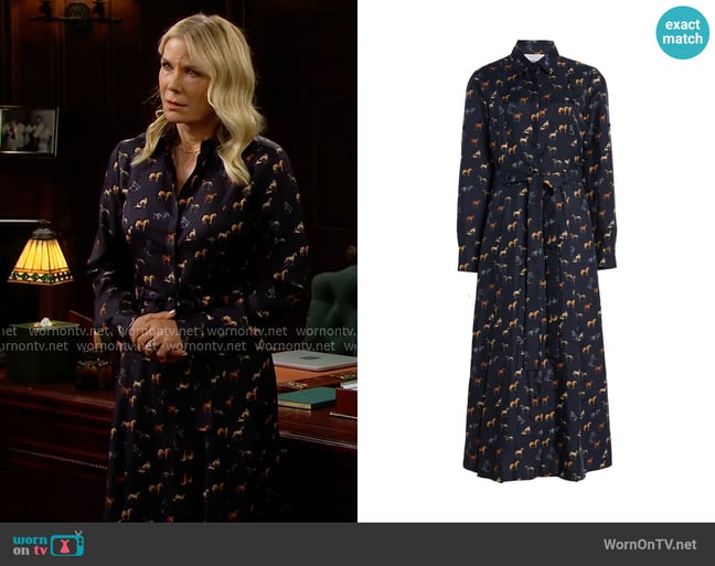 Gabriela Hearst Galway Maxi Shirtdress in Dark Navy Multi Printed Silk Twill worn by Brooke Logan (Katherine Kelly Lang) on The Bold and the Beautiful Gabriela Hearst Galway Maxi Shirtdress in Dark Navy Multi Printed Silk Twill worn by Brooke Logan (Katherine Kelly Lang) on The Bold and the Beautiful