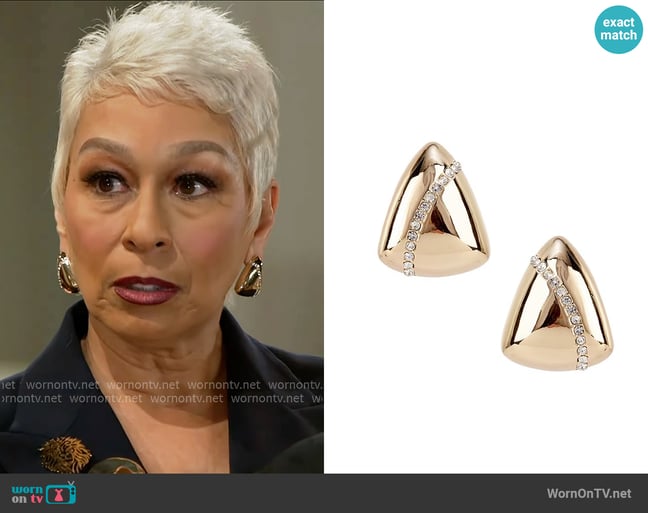 Gemma Layne Crystal Pave Polished Metal Triangle Stud Earrings worn by Anita Dupree (Tamara Tunie) on Beyond the Gates Gemma Layne Crystal Pave Polished Metal Triangle Stud Earrings worn by Anita Dupree (Tamara Tunie) on Beyond the Gates