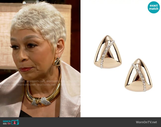 Gemma Layne Crystal Pave Polished Metal Triangle Stud Earrings worn by Anita Dupree (Tamara Tunie) on Beyond the Gates Gemma Layne Crystal Pave Polished Metal Triangle Stud Earrings worn by Anita Dupree (Tamara Tunie) on Beyond the Gates