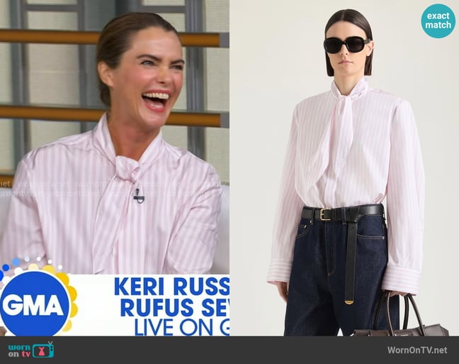 Givenchy Cocoon Striped Shirt in Poplin with Bow worn by Keri Russell on Good Morning America Givenchy Cocoon Striped Shirt in Poplin with Bow worn by Keri Russell on Good Morning America