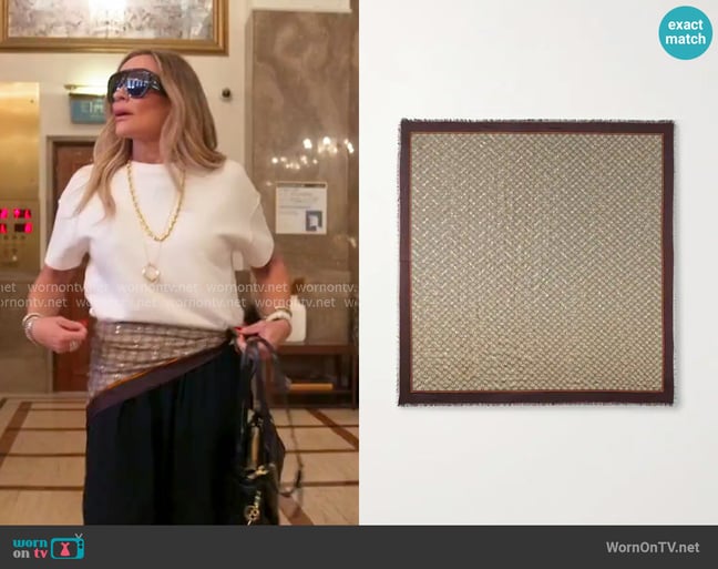 Gucci Metallic Printed Modal and Silk-blend Scarf worn by Heather Gay on The Real Housewives of Salt Lake City Gucci Metallic Printed Modal and Silk-blend Scarf worn by Heather Gay on The Real Housewives of Salt Lake City