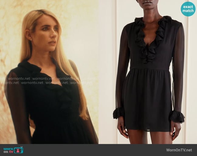 Gucci Ruffled sheer mini dress worn by Madison Montgomery (Emma Roberts) on American Horror Story Gucci Ruffled sheer mini dress worn by Madison Montgomery (Emma Roberts) on American Horror Story
