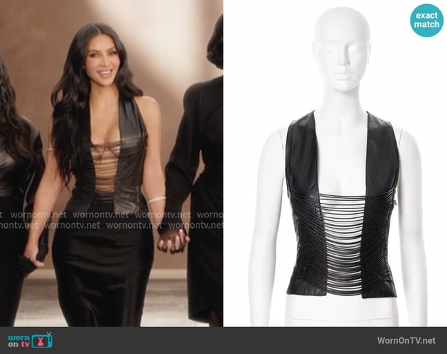 Helmut Lang black leather open-front corset top worn by Kim Kardashian (Kim Kardashian) on The Kardashians Helmut Lang black leather open-front corset top worn by Kim Kardashian (Kim Kardashian) on The Kardashians