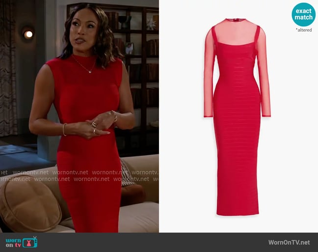 Herve Leger Ella mesh-paneled bandage gown worn by Nicole Dupree Richardson (Daphnee Duplaix) on Beyond the Gates Herve Leger Ella mesh-paneled bandage gown worn by Nicole Dupree Richardson (Daphnee Duplaix) on Beyond the Gates