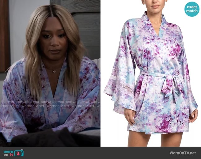 In Bloom by Jonquil Floral Satin Wrap Robe worn by Fatima (Crystal Hayslett) on Tyler Perrys Sistas In Bloom by Jonquil Floral Satin Wrap Robe worn by Fatima (Crystal Hayslett) on Tyler Perrys Sistas