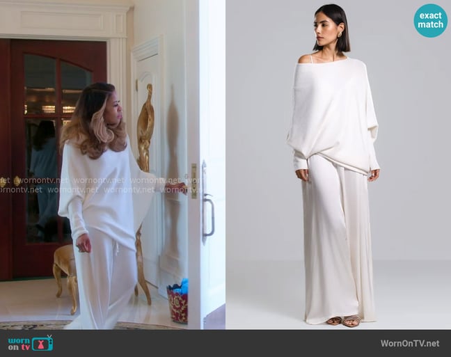 Jaki Asymmetric Draped Knit Top in Ivory worn by Mary Cosby on The Real Housewives of Salt Lake City Jaki Asymmetric Draped Knit Top in Ivory worn by Mary Cosby on The Real Housewives of Salt Lake City