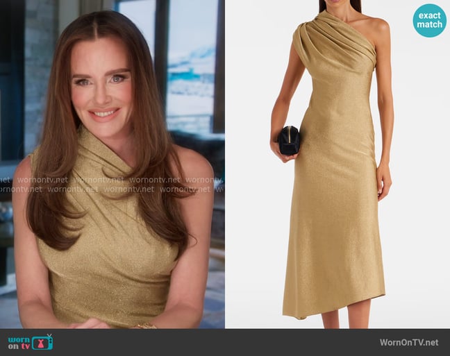 Khaite Coast One-shoulder Lamé Midi Dress worn by Meredith Marks on The Real Housewives of Salt Lake City Khaite Coast One-shoulder Lamé Midi Dress worn by Meredith Marks on The Real Housewives of Salt Lake City