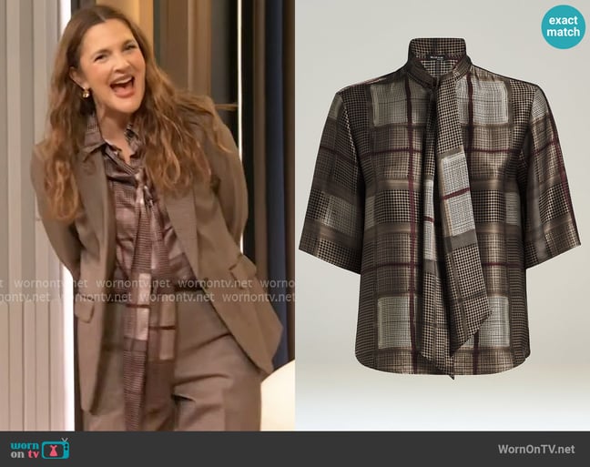 Kiton Taupe Pure Silk Blouse with Geometric Print worn by Drew Barrymore on The Drew Barrymore Show Kiton Taupe Pure Silk Blouse with Geometric Print worn by Drew Barrymore on The Drew Barrymore Show