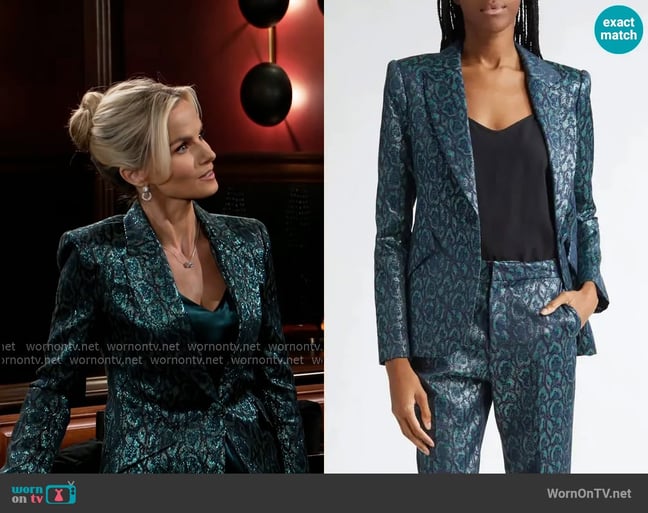 L'Agence Chamberlain Blazer in Teal Multi Leopard Jacquard worn by Vanessa McBride (Lauren Buglioli) on Beyond the Gates L'Agence Chamberlain Blazer in Teal Multi Leopard Jacquard worn by Vanessa McBride (Lauren Buglioli) on Beyond the Gates