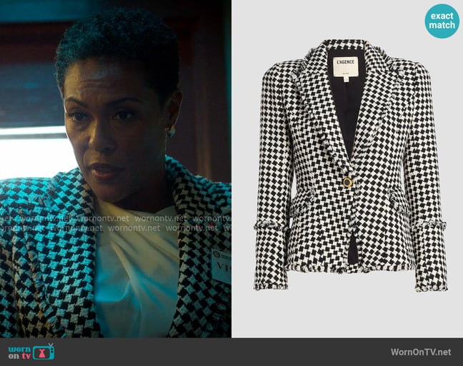 L'Agence Kaisley Diamond-Pattern Frayed Blazer worn by Rosie Edwards (April Parker Jones) on Reasonable Doubt L'Agence Kaisley Diamond-Pattern Frayed Blazer worn by Rosie Edwards (April Parker Jones) on Reasonable Doubt