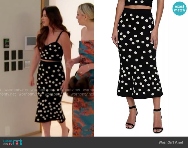 L'Agence Mae Polka Dot Flare Skirt worn by Emily Simpson on The Real Housewives of Orange County L'Agence Mae Polka Dot Flare Skirt worn by Emily Simpson on The Real Housewives of Orange County