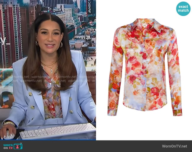 L'Agence Tyler Silk Shirt in Pink Multi Soft Cloud Floral worn by Morgan Radford on NBC News Daily