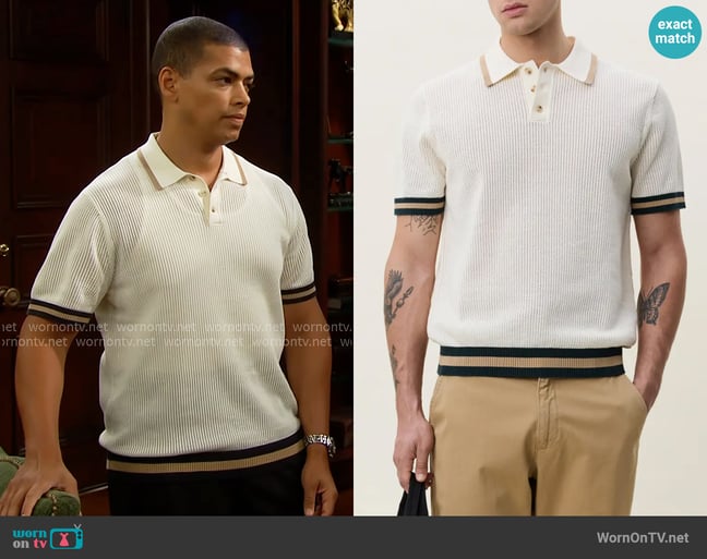 Les Deux Openwork Cotton Polo Sweater worn by Zende Forrester Dominguez (Delon De Metz) on The Bold and the Beautiful Les Deux Openwork Cotton Polo Sweater worn by Zende Forrester Dominguez (Delon De Metz) on The Bold and the Beautiful