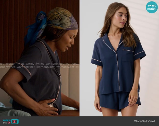 Lunya Slumberknit™ Shawl Collar Short Sleeve Short Set worn by Jax Stewart (Emayatzy Corinealdi) on Reasonable Doubt Lunya Slumberknit™ Shawl Collar Short Sleeve Short Set worn by Jax Stewart (Emayatzy Corinealdi) on Reasonable Doubt