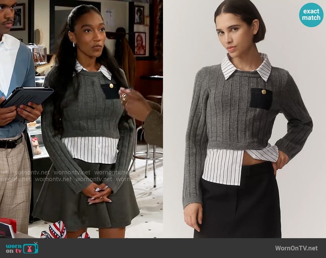 Maeve at Anthropologie Sweater & Shirt Twofer worn by Samantha Richardson (Najah Jackson) on Beyond the Gates