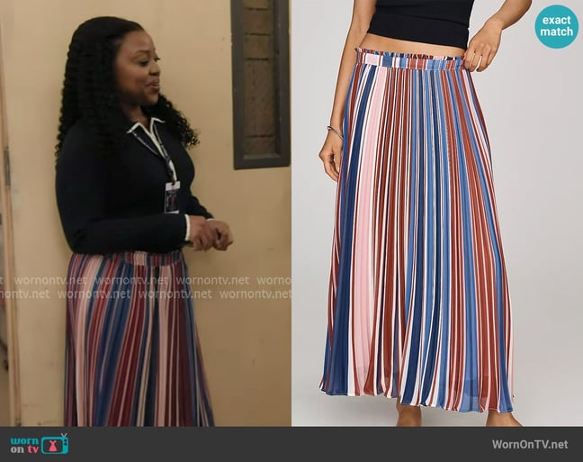Maeve Sheer Pleated Maxi Skirt worn by Janine Teagues (Quinta Brunson) on Abbott Elementary Maeve Sheer Pleated Maxi Skirt worn by Janine Teagues (Quinta Brunson) on Abbott Elementary