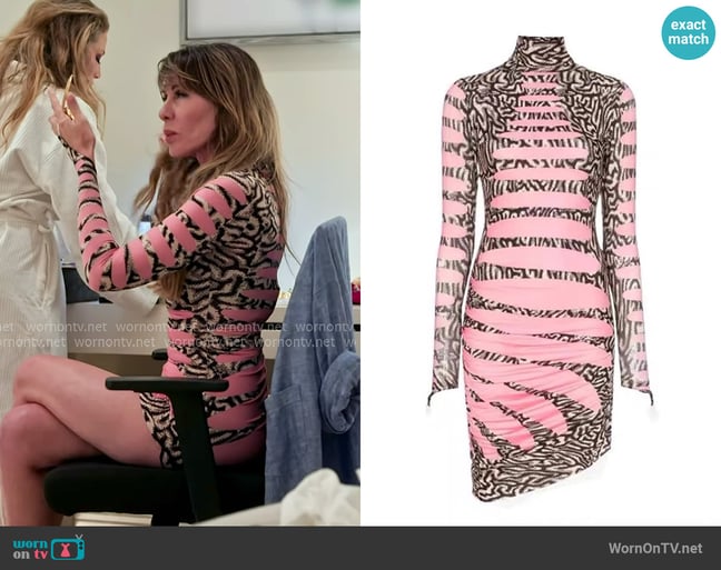 Maisie Wilen Ruched Printed Stretch-Jersey Turtleneck Mini Dress worn by Carole Radziwill on The Real Housewives of New York City
