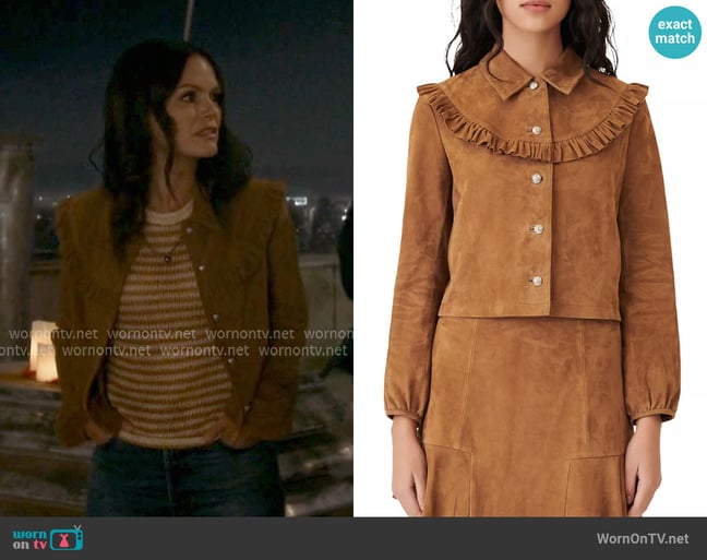 Maje Bendrie Ruffled Suede Jacket worn by Charlie (Rachel Bilson) on Scrubs Maje Bendrie Ruffled Suede Jacket worn by Charlie (Rachel Bilson) on Scrubs