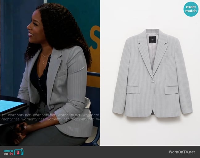 Mango Pinstripe suit blazer worn by Naomi Hamilton Hawthorne (Arielle Prepetit) on Beyond the Gates Mango Pinstripe suit blazer worn by Naomi Hamilton Hawthorne (Arielle Prepetit) on Beyond the Gates