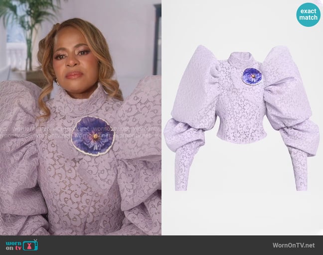 Marc Jacobs Bonded Lace Puff-Sleeve Crop Top worn by Mary Cosby on The Real Housewives of Salt Lake City Marc Jacobs Bonded Lace Puff-Sleeve Crop Top worn by Mary Cosby on The Real Housewives of Salt Lake City