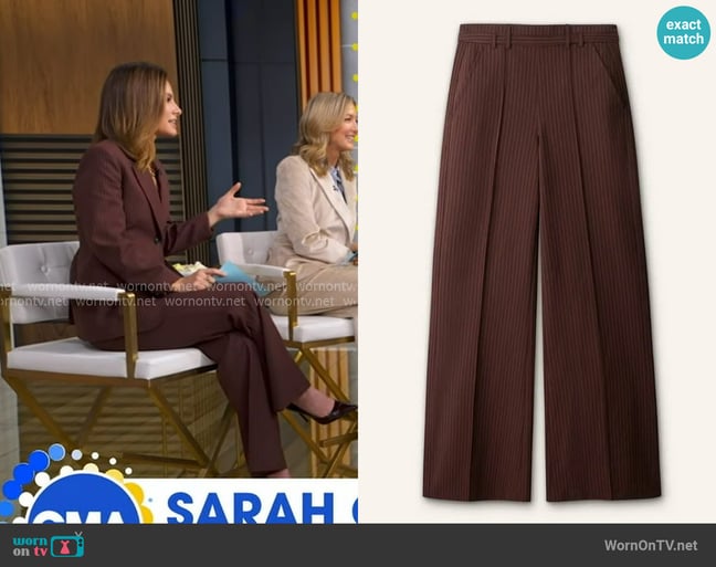 Me + Em pinstriped wide-leg trousers in Cinnamon Brown worn by Rebecca Jarvis on Good Morning America Me + Em pinstriped wide-leg trousers in Cinnamon Brown worn by Rebecca Jarvis on Good Morning America