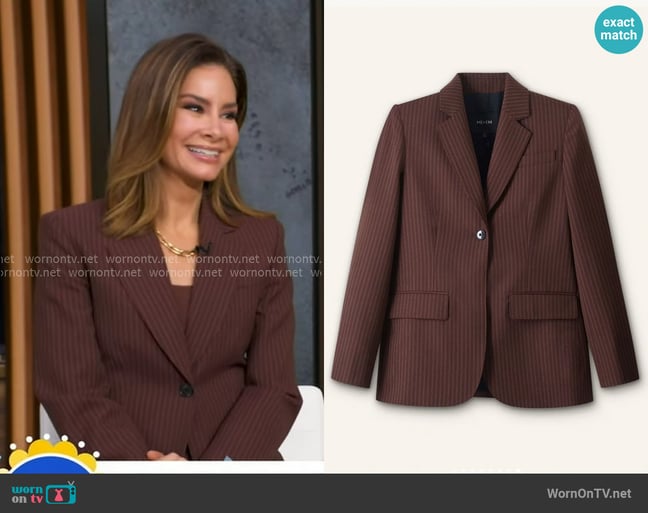 Me + Em Sharp Shoulder Blazer in Cinnamon Brown worn by Rebecca Jarvis on Good Morning America Me + Em Sharp Shoulder Blazer in Cinnamon Brown worn by Rebecca Jarvis on Good Morning America