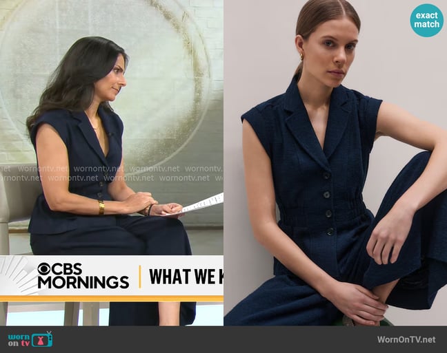 Me + Em Soft Sculpt Vest and Trousers in Navy worn by Dr. Celine Gounder on CBS Mornings Me + Em Soft Sculpt Vest and Trousers in Navy worn by Dr. Celine Gounder on CBS Mornings