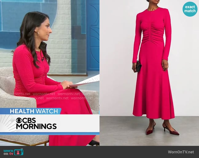 Me + Em Textured Ruched Front Maxi Dress worn by Dr. Celine Gounder on CBS Mornings Me + Em Textured Ruched Front Maxi Dress worn by Dr. Celine Gounder on CBS Mornings