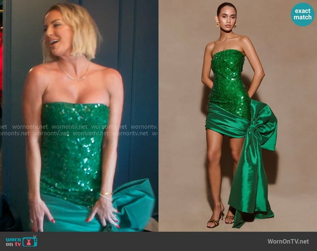 Meshki Franka Strapless Bow Mini Dress in Emerald worn by Whitney Rose on The Real Housewives of Salt Lake City Meshki Franka Strapless Bow Mini Dress in Emerald worn by Whitney Rose on The Real Housewives of Salt Lake City