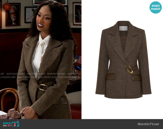 Meshki Romy Structured Blazer With Hardware in Herringbone worn by Kat Richardson (Colby Muhammad) on Beyond the Gates Meshki Romy Structured Blazer With Hardware in Herringbone worn by Kat Richardson (Colby Muhammad) on Beyond the Gates