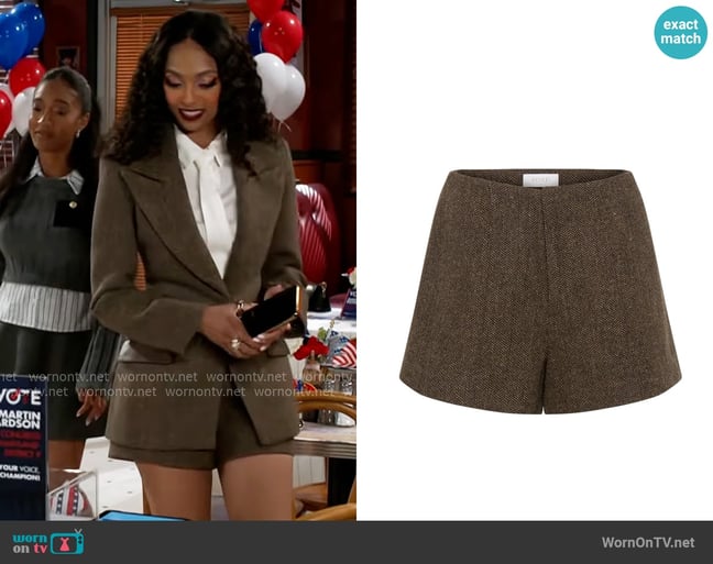 Meshki Romy Suiting Short in Herringbone worn by Kat Richardson (Colby Muhammad) on Beyond the Gates Meshki Romy Suiting Short in Herringbone worn by Kat Richardson (Colby Muhammad) on Beyond the Gates