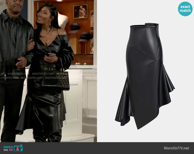 Micas Faux Leather Asymmetrical Hem Ruched Skirt worn by Dana 'Leslie' Thomas (Trisha Mann-Grant) on Beyond the Gates Micas Faux Leather Asymmetrical Hem Ruched Skirt worn by Dana 'Leslie' Thomas (Trisha Mann-Grant) on Beyond the Gates