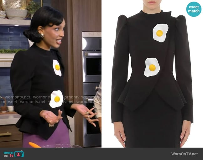 Moschino Egg Appliqué Crepe Jacket worn by Nara Aziza Smith on Live with Kelly and Mark Moschino Egg Appliqué Crepe Jacket worn by Nara Aziza Smith on Live with Kelly and Mark