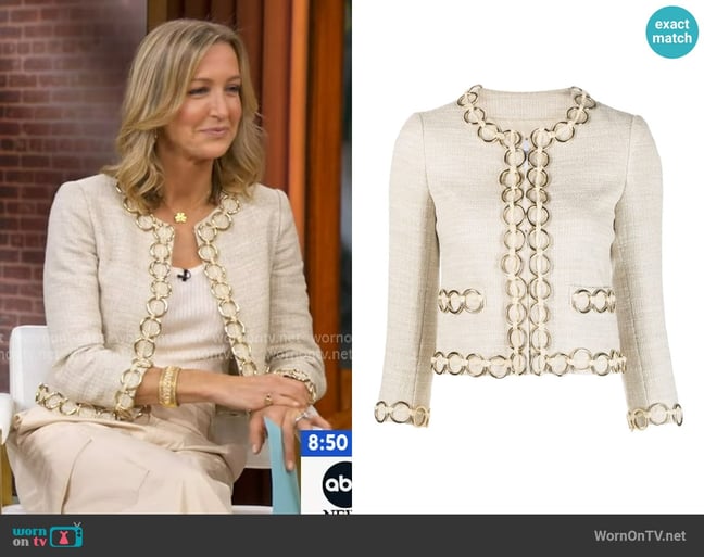 Moschino Hoop embellishment collarless jacket worn by Lara Spencer on Good Morning America Moschino Hoop embellishment collarless jacket worn by Lara Spencer on Good Morning America