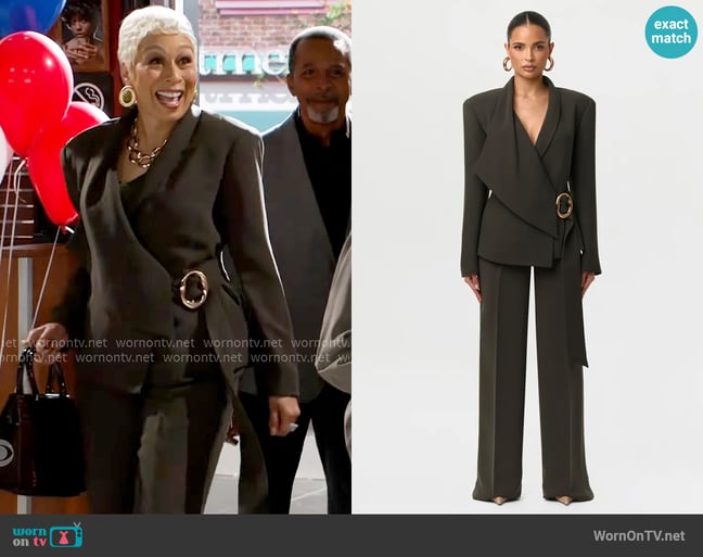 Naked Wardrobe Suiting Asymmetric Wrap Blazer and Trousers in Forest Night worn by Anita Dupree (Tamara Tunie) on Beyond the Gates Naked Wardrobe Suiting Asymmetric Wrap Blazer and Trousers in Forest Night worn by Anita Dupree (Tamara Tunie) on Beyond the Gates
