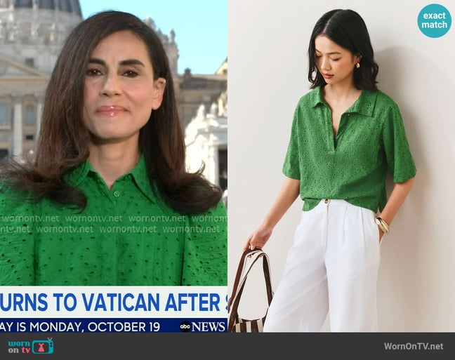 Next Green Broderie Short Sleeve Polo Top worn by Lama Hasan on Good Morning America