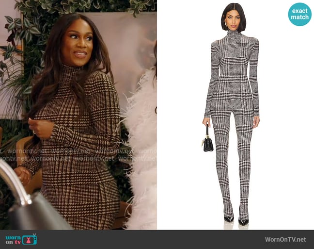 Norma Kamali Long Sleeve Open Back Catsuit With Footsie worn by Tia Glover on The Real Housewives of Potomac Norma Kamali Long Sleeve Open Back Catsuit With Footsie worn by Tia Glover on The Real Housewives of Potomac