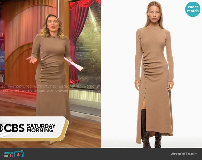 Rabanne Camel Knit Midi Dress worn by Kelly O'Grady on CBS Mornings Rabanne Camel Knit Midi Dress worn by Kelly O'Grady on CBS Mornings
