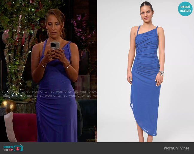 RACHEL Rachel Roy One-Shoulder Ruched Midi Dress worn by Lily Winters (Christel Khalil) on The Young and the Restless RACHEL Rachel Roy One-Shoulder Ruched Midi Dress worn by Lily Winters (Christel Khalil) on The Young and the Restless