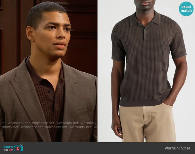Rag & Bone Harvey Rib Polo Shirt in Stonewall worn by Zende Forrester Dominguez (Delon De Metz) on The Bold and the Beautiful Rag & Bone Harvey Rib Polo Shirt in Stonewall worn by Zende Forrester Dominguez (Delon De Metz) on The Bold and the Beautiful