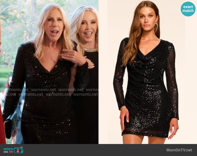 Ramy Brook Leon Long Sleeve Beaded Mesh Minidress worn by Vicki Gunvalson on The Real Housewives of Orange County