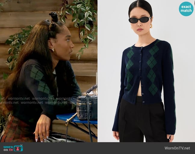 Reformation Clara Cashmere Crew Cardigan in Navy Multi Argyle worn by Samantha Richardson (Najah Jackson) on Beyond the Gates Reformation Clara Cashmere Crew Cardigan in Navy Multi Argyle worn by Samantha Richardson (Najah Jackson) on Beyond the Gates